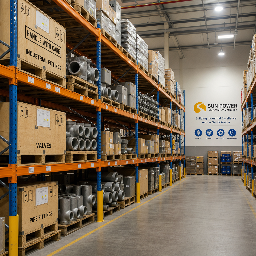 Warehouse racking with neatly organized industrial fittings and safety-labeled crates