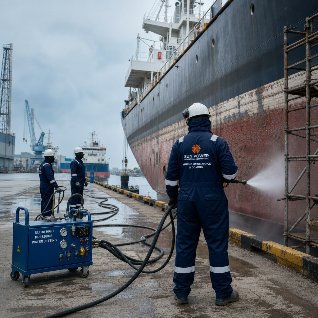 High-pressure water blasting preparation with marine technicians on a docked vessel