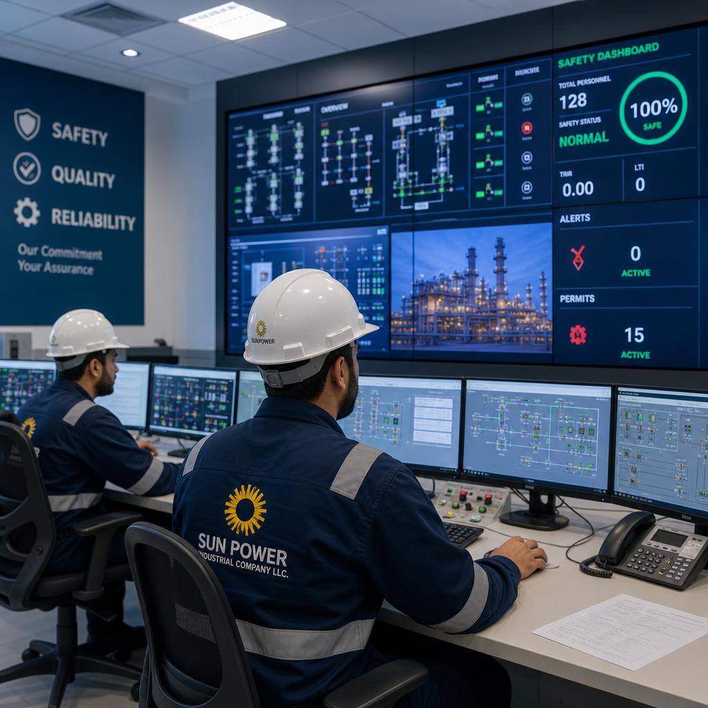 Industrial control room with engineers monitoring instrumentation panels and safety dashboards