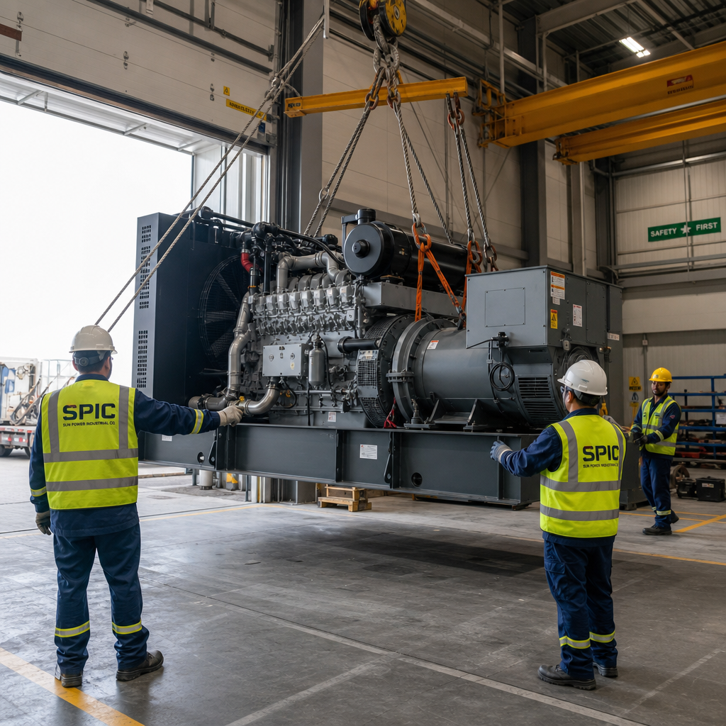 Large industrial generator installation with rigging crew guiding equipment into position