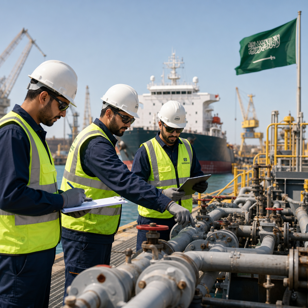 Inspection team in safety vests reviewing marine piping and valve systems along a dockside platform