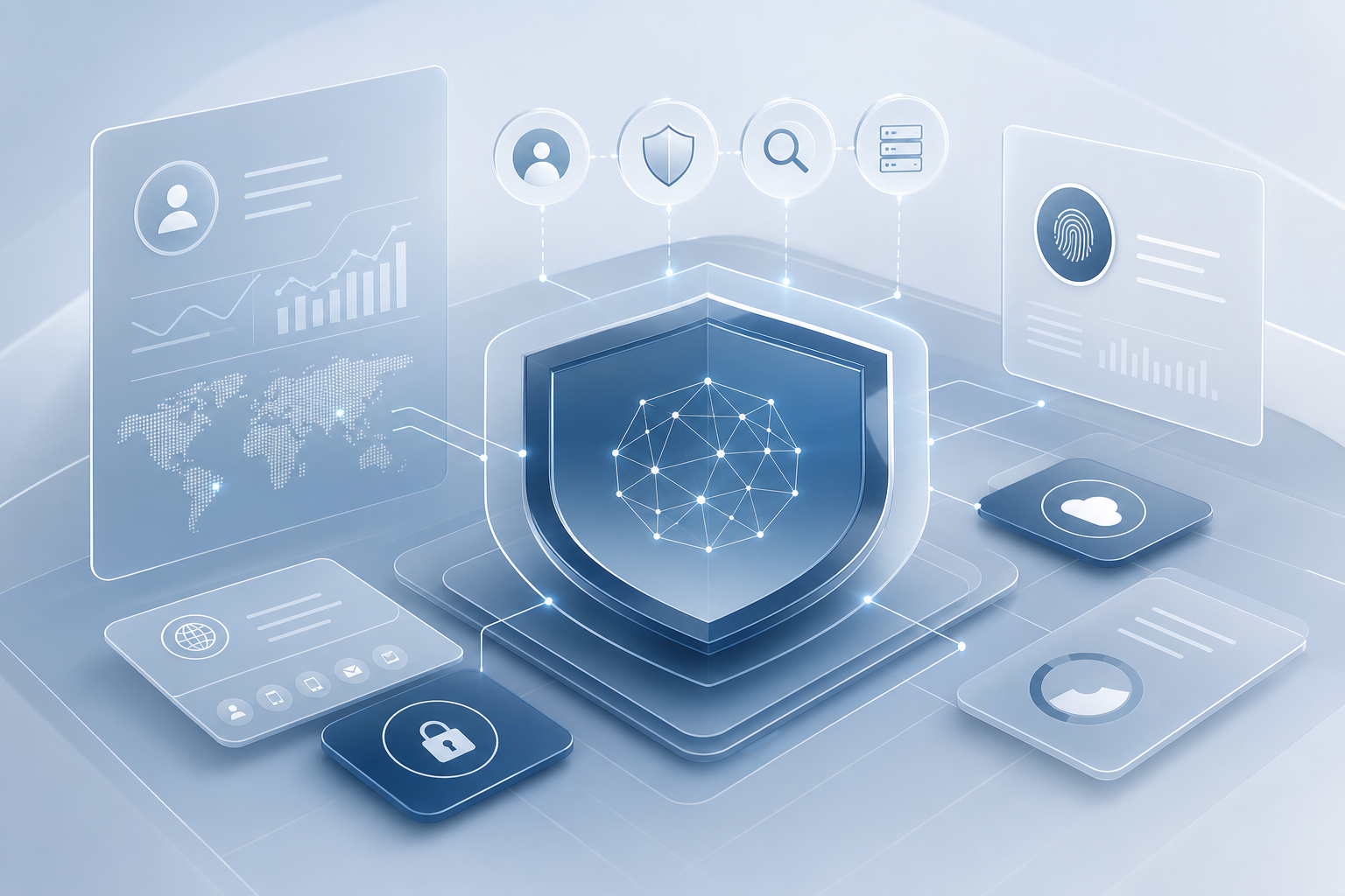 Abstract secure interface with layered protection nodes, calm enterprise dashboard panels, and connected shield geometry