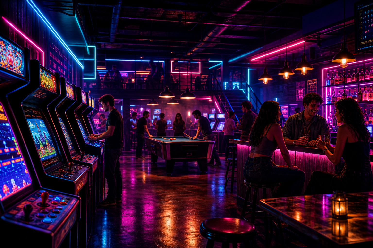 Immersive neon-lit retro arcade bar interior with glowing game cabinets, moody lighting, and energetic nightlife atmosphere