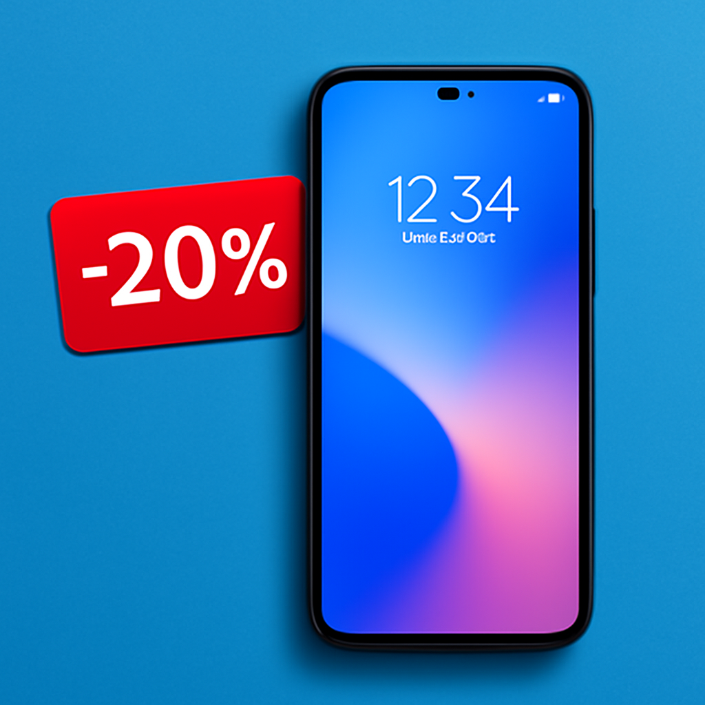 Discounted smartphone with modern design, screen on, on a blue backdrop