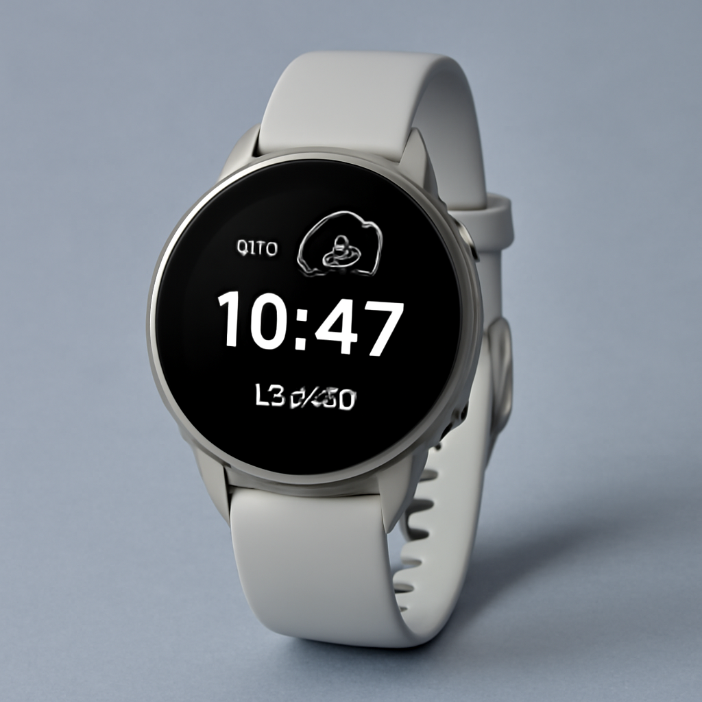 Popular modern smartwatch with digital face, light straps, on soft blue-gray background
