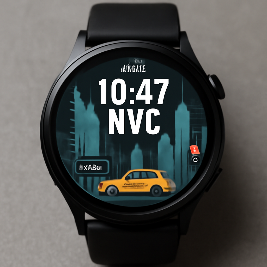 Black smartwatch with city-themed watch face