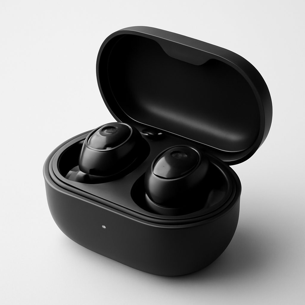 Pair of compact wireless earbuds in charging case
