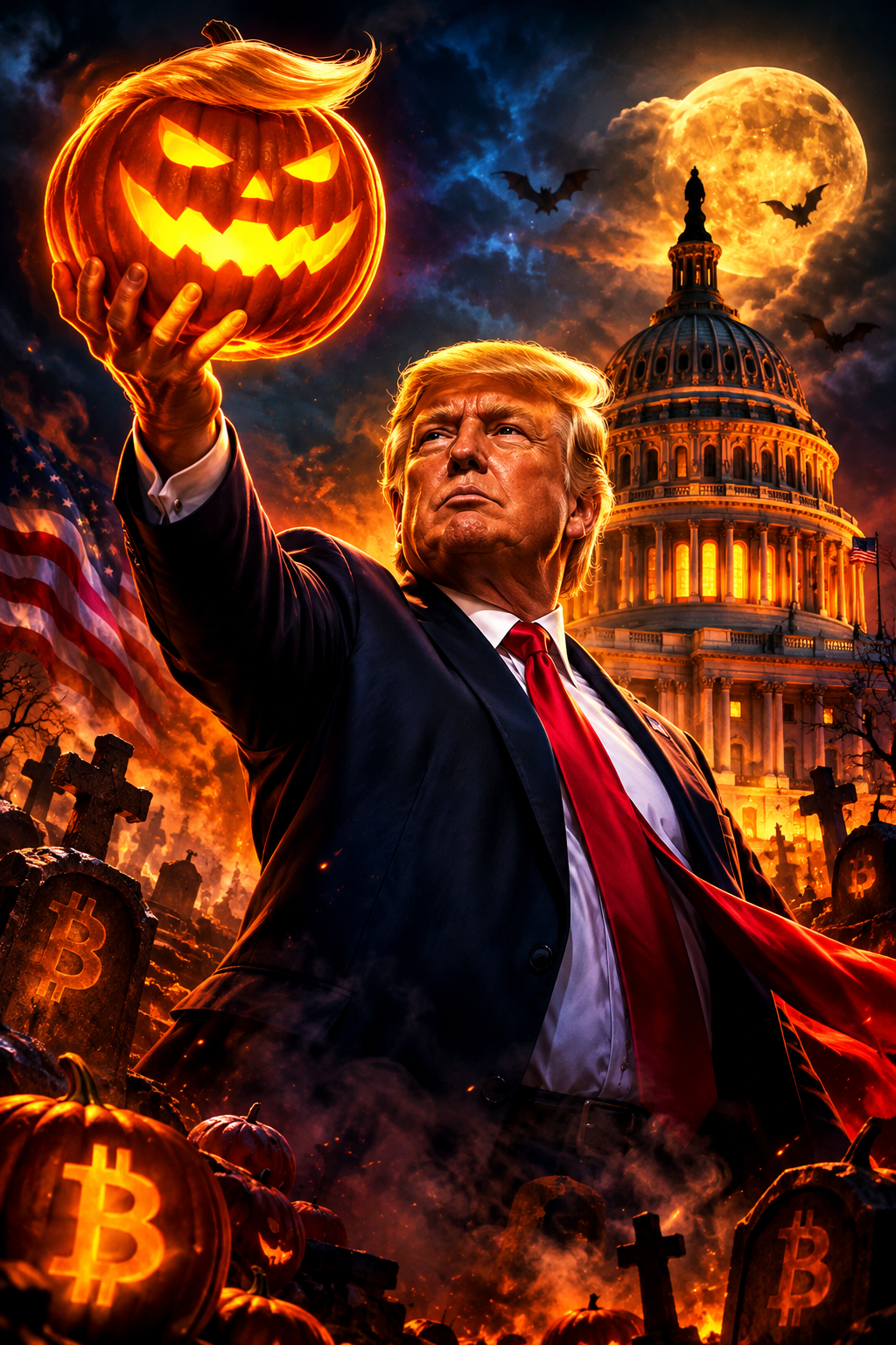 Dramatic 3D meme-style scene of a Trump-like character holding a glowing pumpkin with theatrical Capitol and graveyard energy