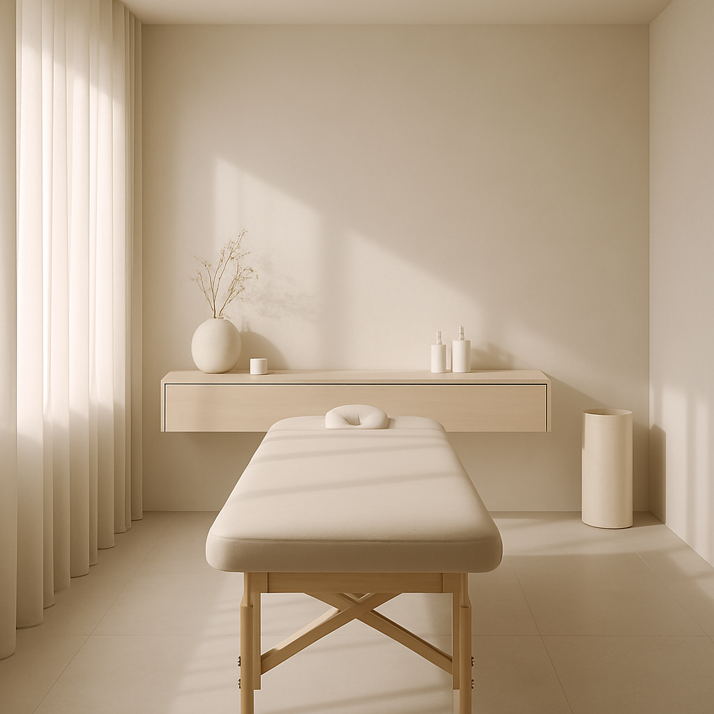 Minimalistic, tranquil Sentoria massage cabinet with soft natural light, uncluttered surfaces, and neutral tones