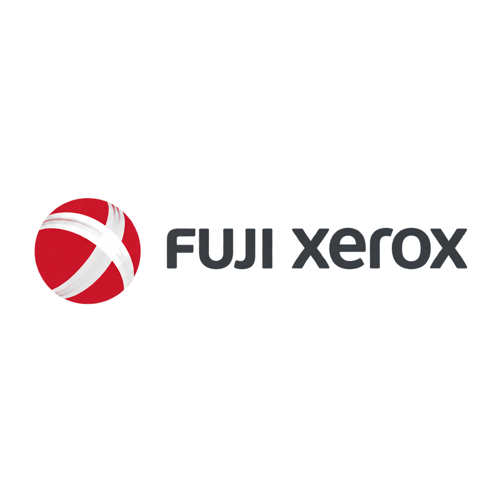 Fuji Xerox 红色球形符号与深色字标组合，保持历史品牌识别特征