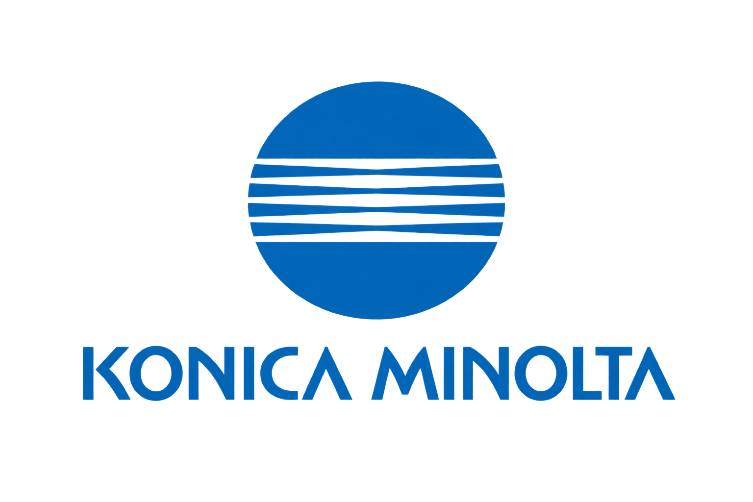 Konica Minolta 蓝色条纹球形符号与字标组合，识别特征清晰