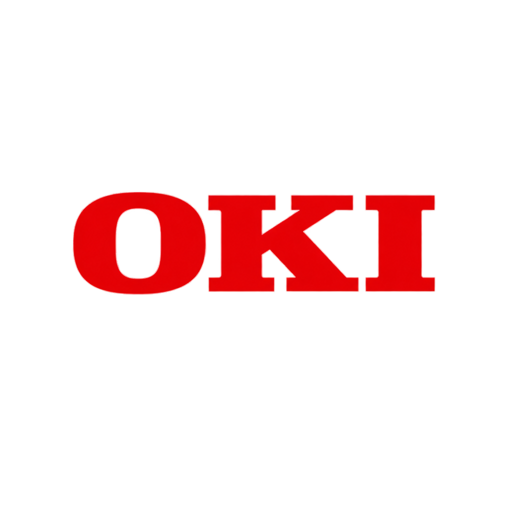 OKI 红色字标，粗体大写字形并保留品牌识别特征