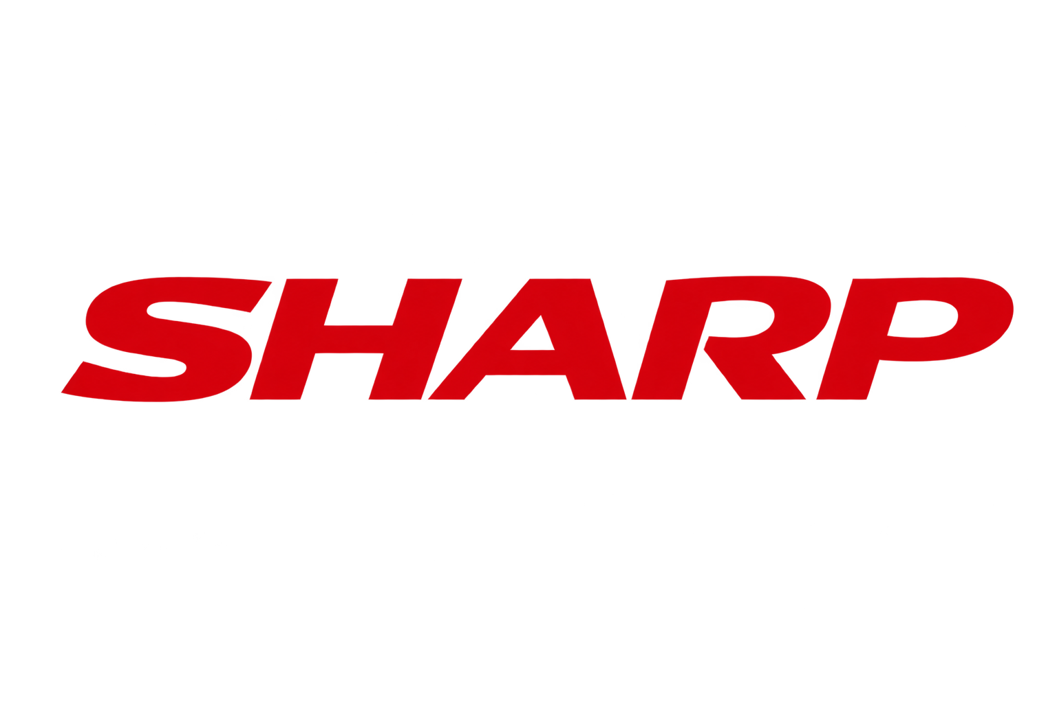Sharp 鲜红色倾斜大写字标，品牌辨识度高