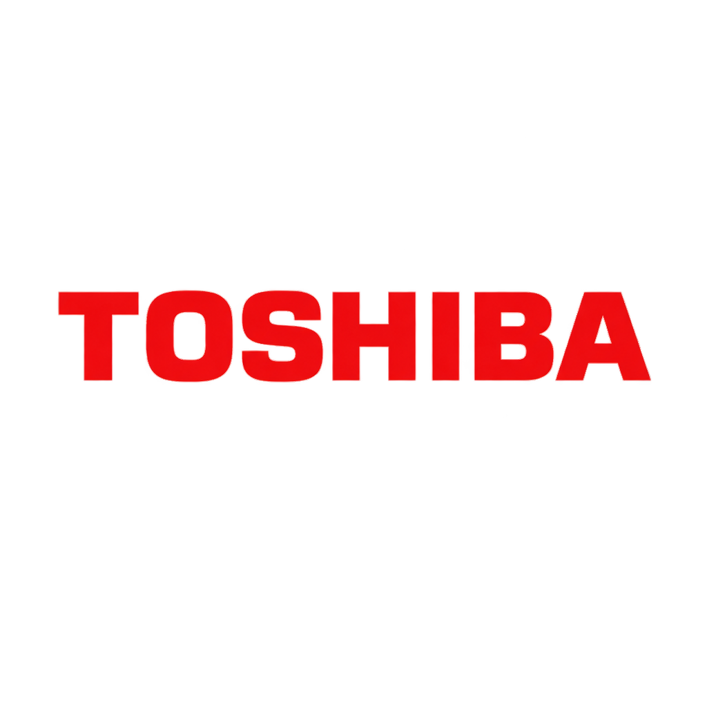 Toshiba 红色大写字标，线条硬朗并保持品牌识别
