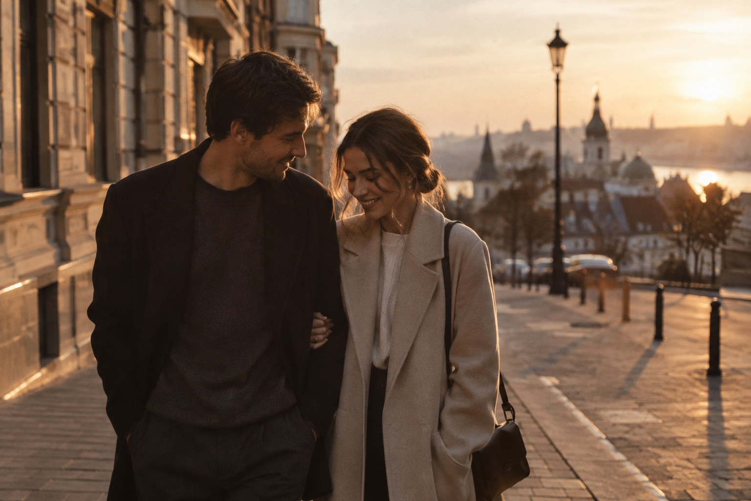 A young couple walking closely through a quiet Kyiv street in warm evening light