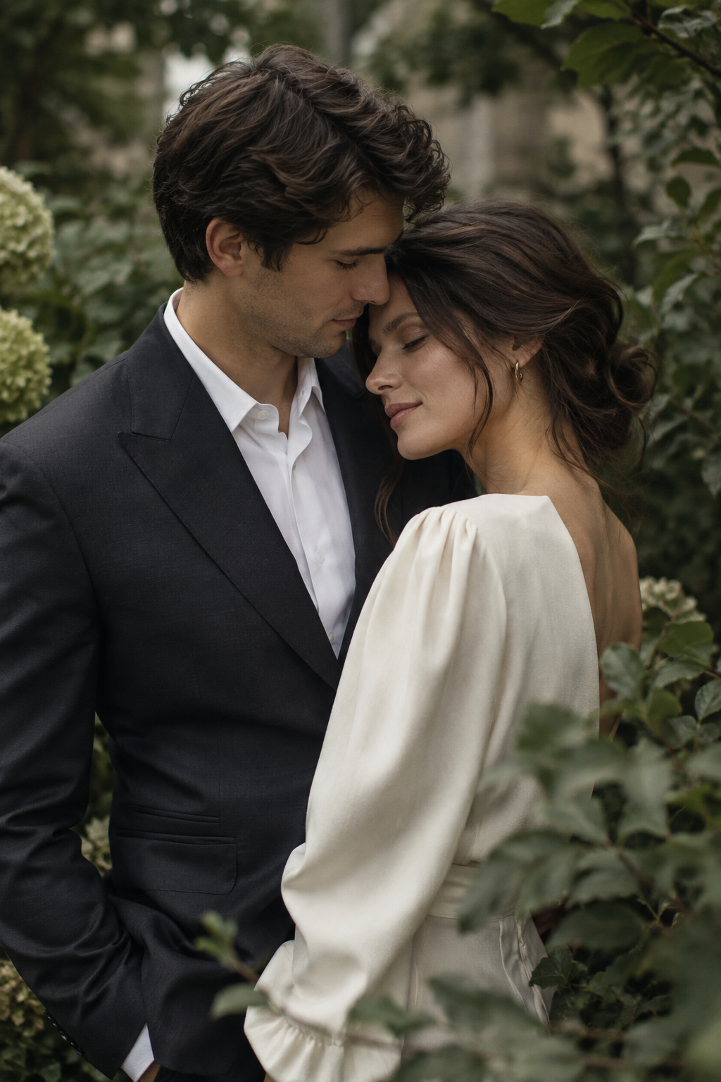 A couple in understated formal clothes leaning together in a leafy garden