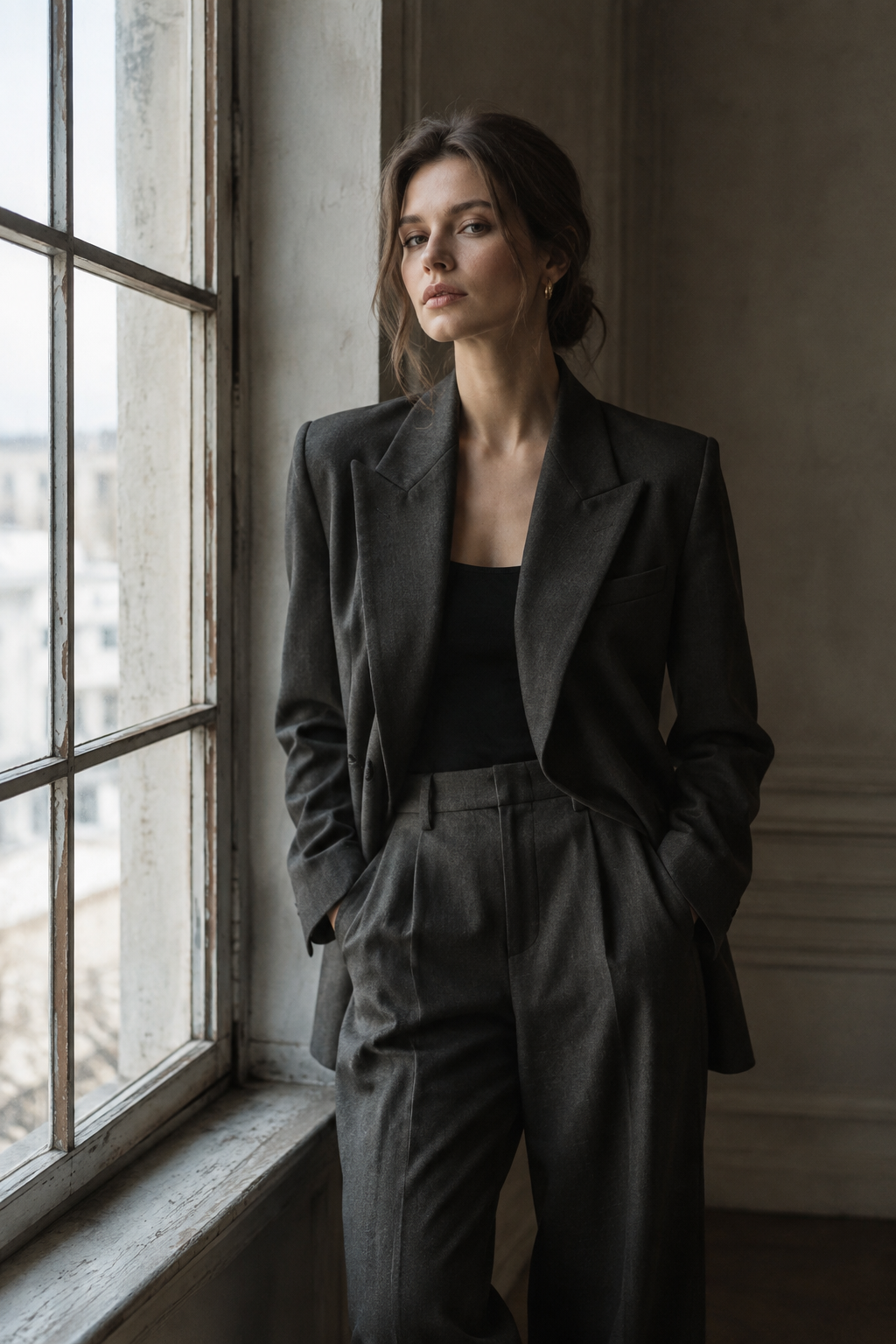 Composed editorial portrait of a woman in a charcoal tailored suit beside a tall window