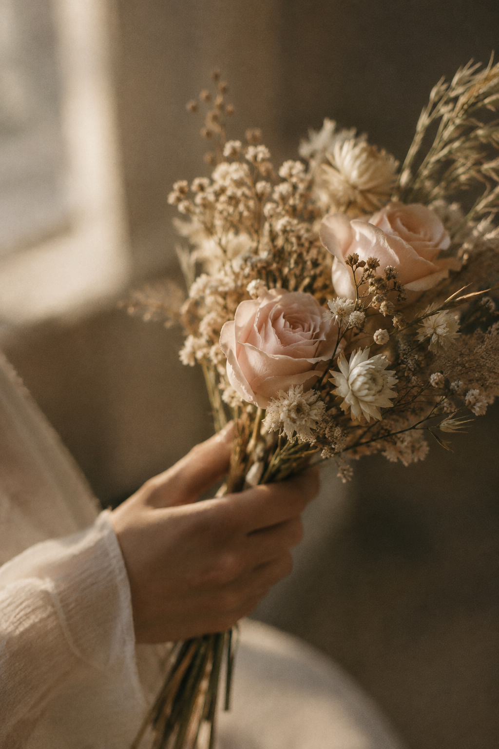 A small bouquet held in close-up with soft focus, warm tones, and visible film texture