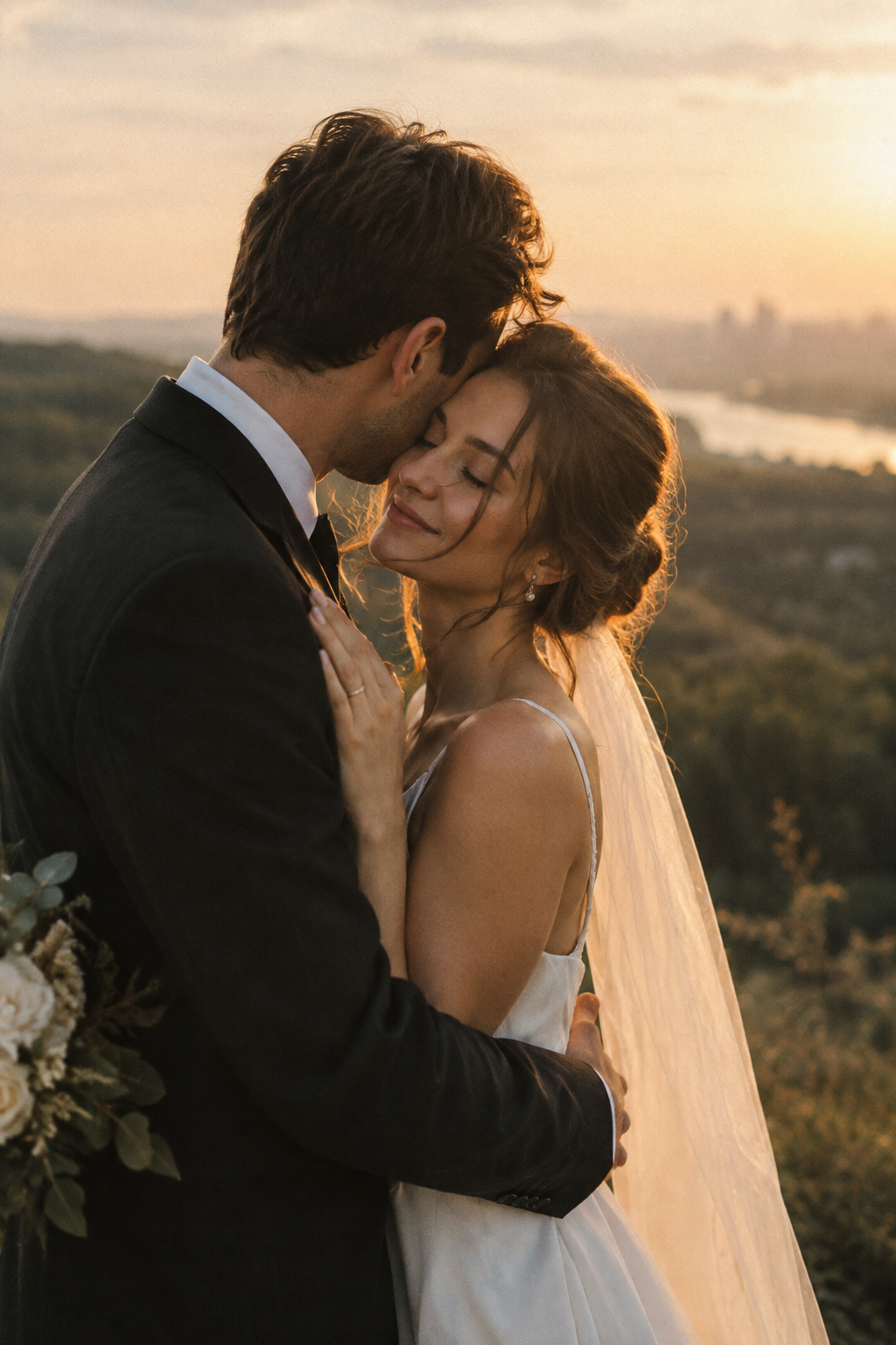 Newlyweds embracing in soft late-afternoon light with gentle film grain