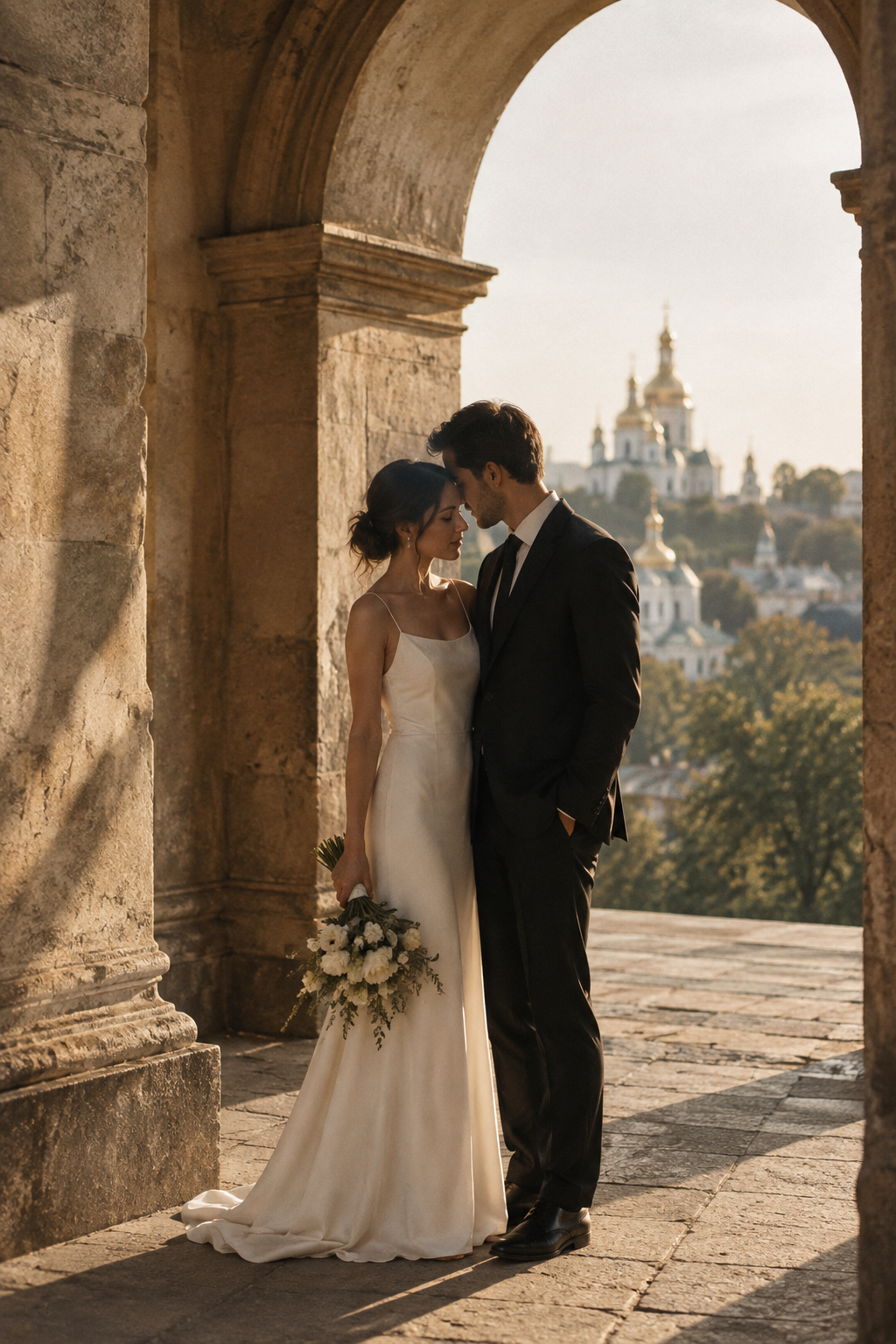 Bride and groom sharing a quiet moment beneath a sunlit stone arch