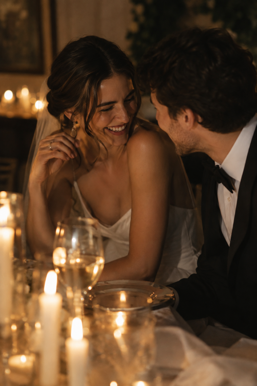 A bride laughing with her partner during an intimate candlelit reception