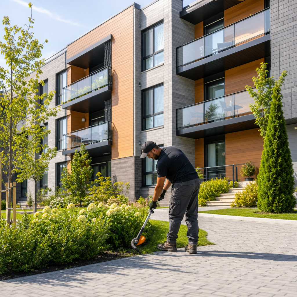 Technicien d'entretien extérieur effectuant une intervention sur une propriété locative, façade et terrain impeccables