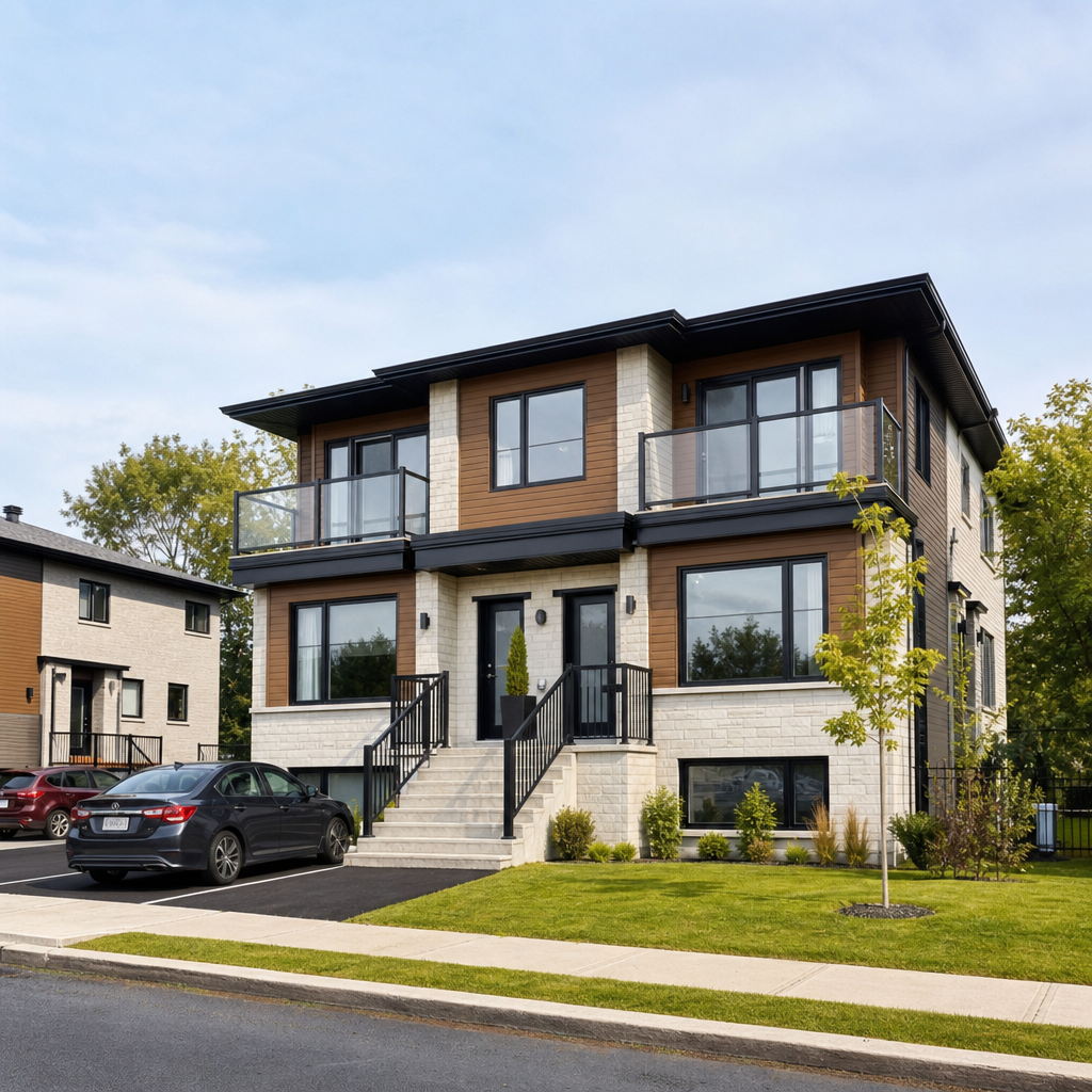 Maison résidentielle locative moderne avec façade claire, pelouse soignée et stationnement propre