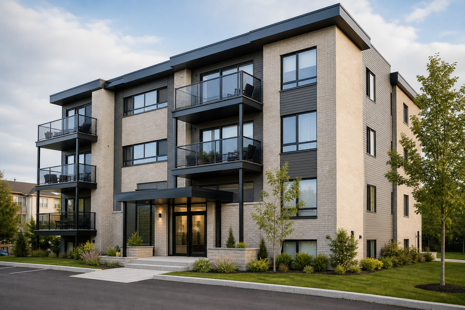 Immeuble résidentiel locatif bien entretenu avec façade moderne, allée propre et ambiance professionnelle de supervision immobilière