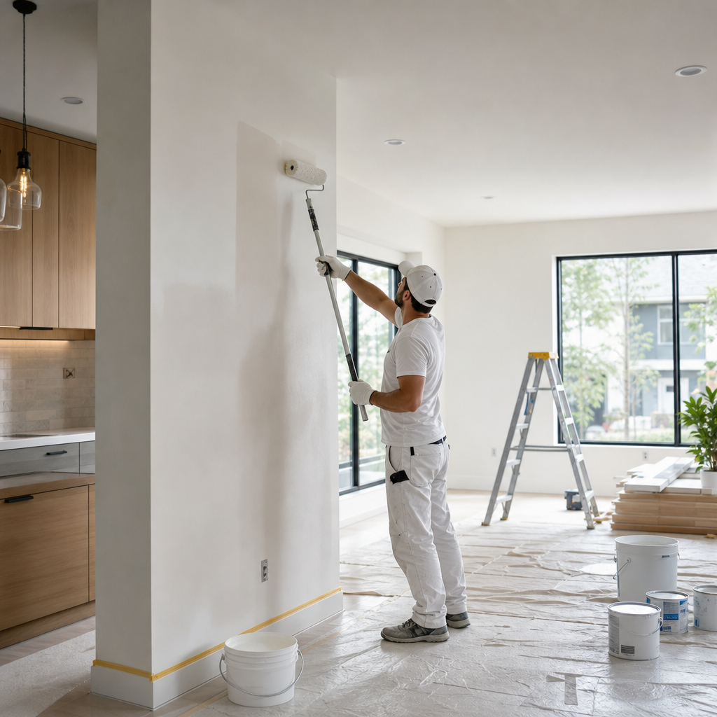 Équipe de rénovation intérieure dans un logement locatif, peinture et finitions en cours avec chantier ordonné