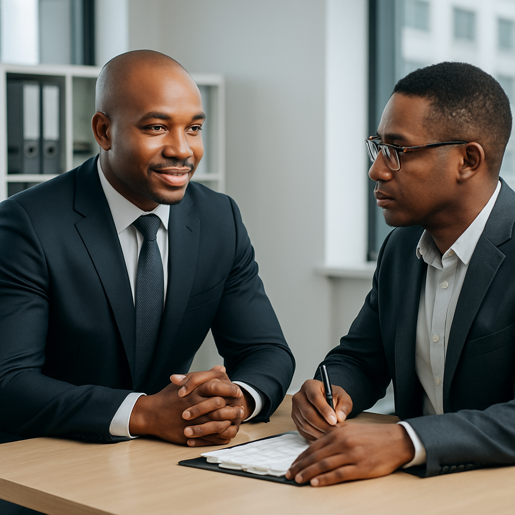 Professional consultation scene with a senior advisor reviewing funeral insurance documents with a client in a modern corporate office