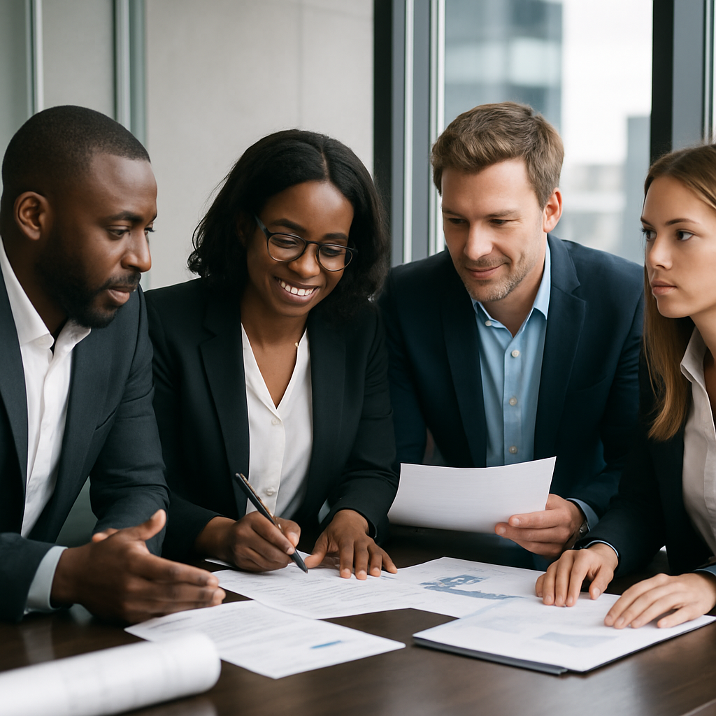 Senior business leaders reviewing a construction and compliance briefing in a modern corporate meeting room