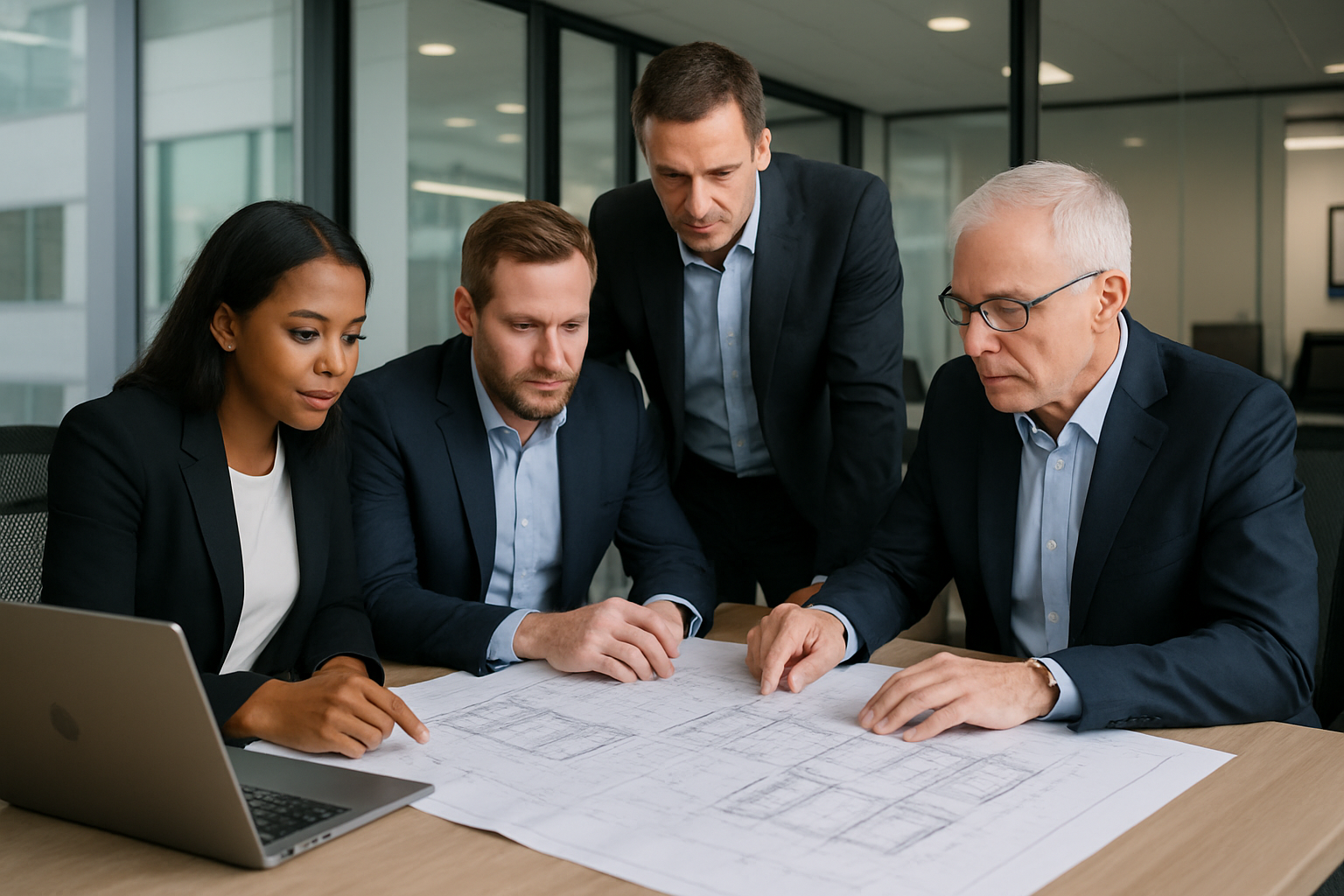 Professional project managers and engineers reviewing construction plans in a modern office