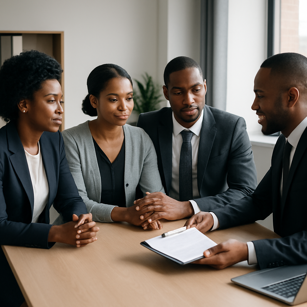 Professional advisor presenting funeral insurance guidance and business support in a modern corporate meeting setting with documents and a subtle city infrastructure backdrop
