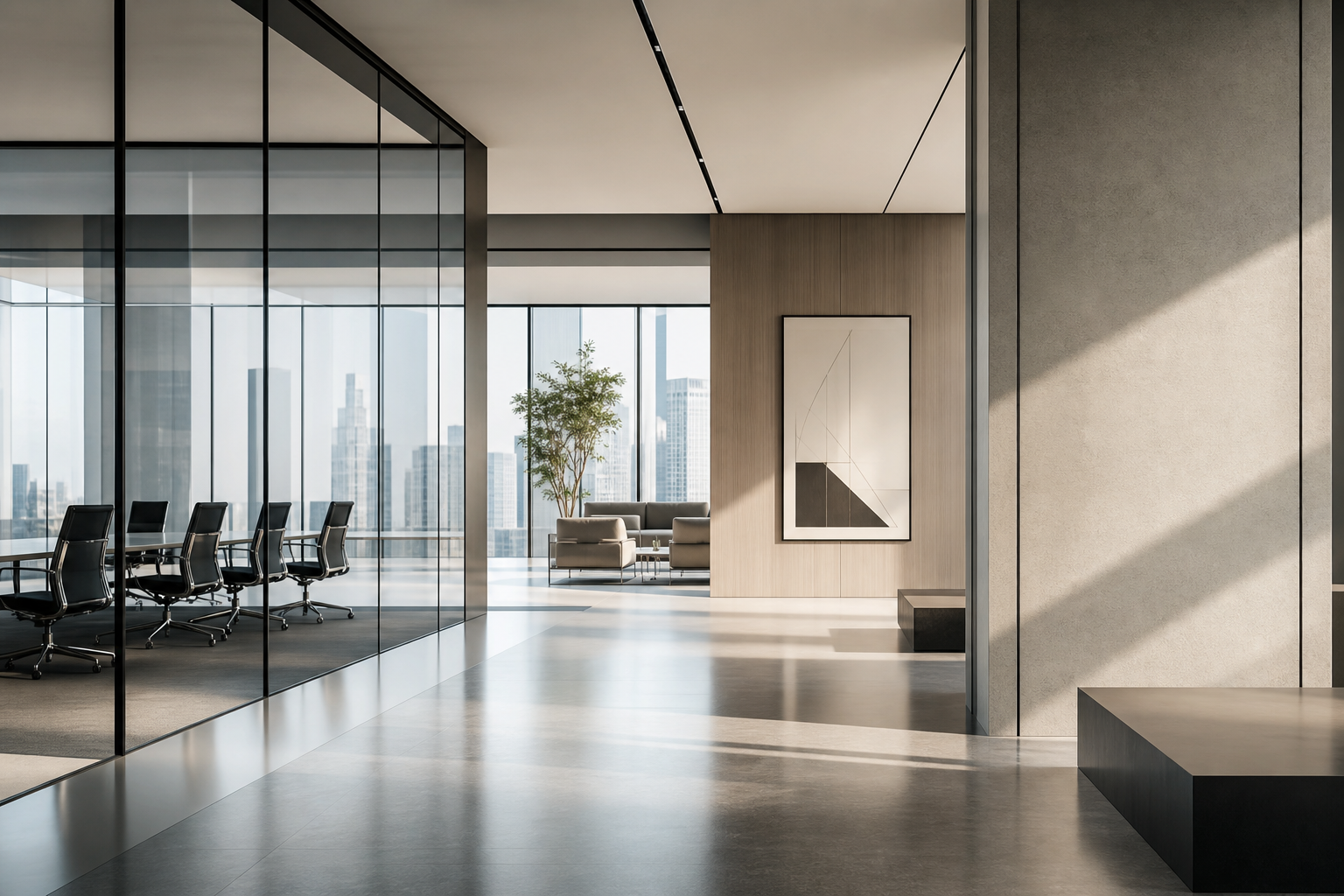 Refined abstract business environment with architectural lines, glass surfaces, and calm professional depth