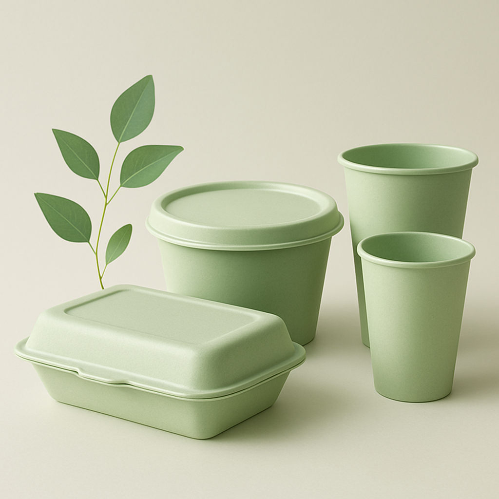 Minimalist arrangement of light-green biodegradable packaging containers and cups with subtle botanical accents on a clean studio surface