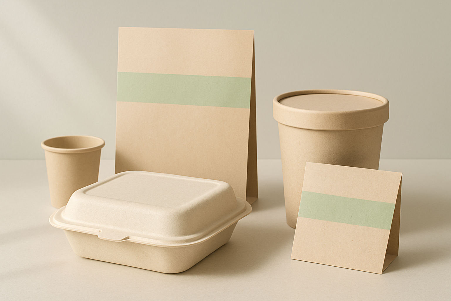 Minimalist editorial scene of premium biodegradable packaging products on a light neutral surface with subtle green accents