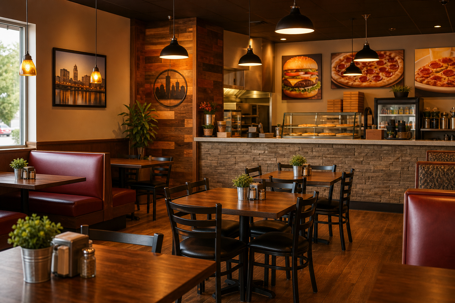 Warm, welcoming dining area of a local Dayton burger and pizza restaurant with wooden tables, soft lighting, and a counter in the background