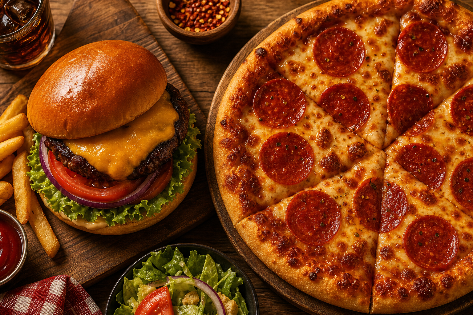 Appetizing burger and pizza spread with golden buns, melted cheese, and fresh toppings on a wooden table