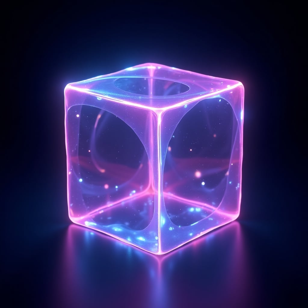 Abstract holographic cube floating and glowing with neon sci-fi light