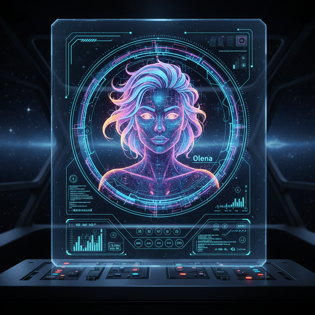 Digital holographic avatar of Olena, futuristic woman with neon and holographic effects, blending into sci-fi UI