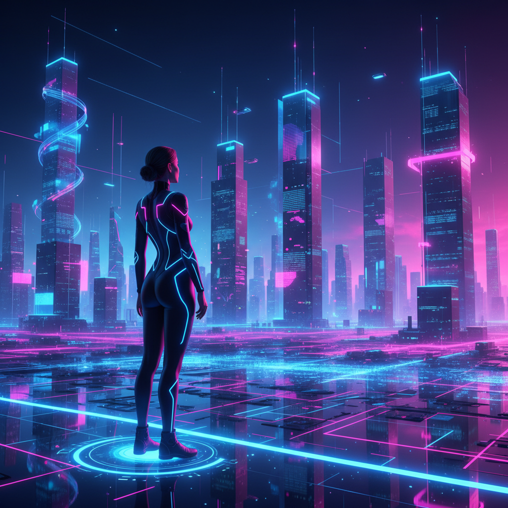 Futuristic, neon-lit digital landscape: Olena standing on a glowing platform, gazing at a horizon of luminous circuits and holographic skyscrapers.