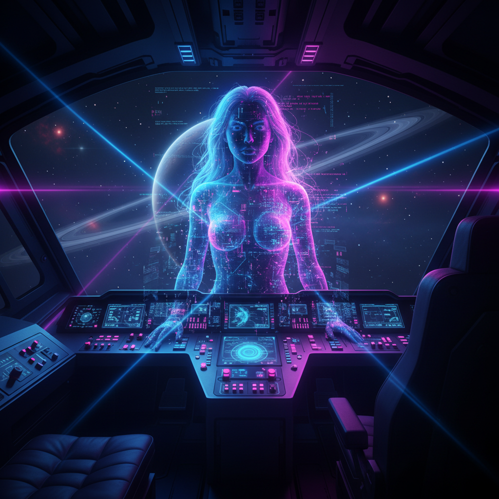 Futuristic AI-generated scene: digital avatar of Olena materializing from neon light beams and holographic code, in a dark sci-fi cockpit with glowing control panels.