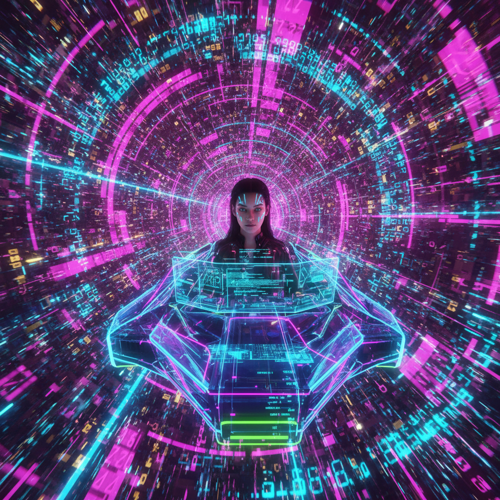 AI-generated sci-fi scene: Olena piloting a neon-lit data ship through abstract cyberspace, swirling with glowing numbers and geometric forms.