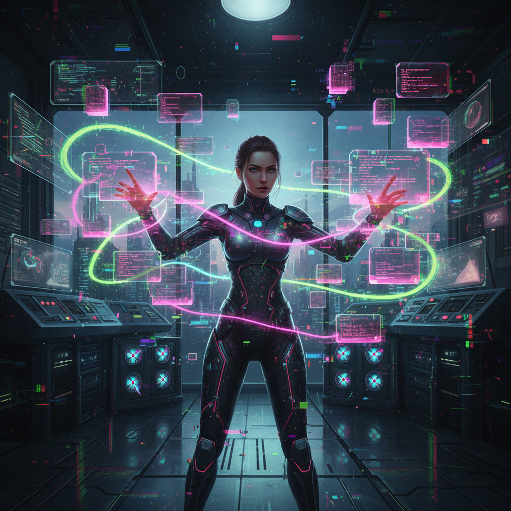 AI-generated digital art: Olena manipulating floating, modular code blocks and neon light trails, glitch effects illuminating a dark sci-fi workspace.