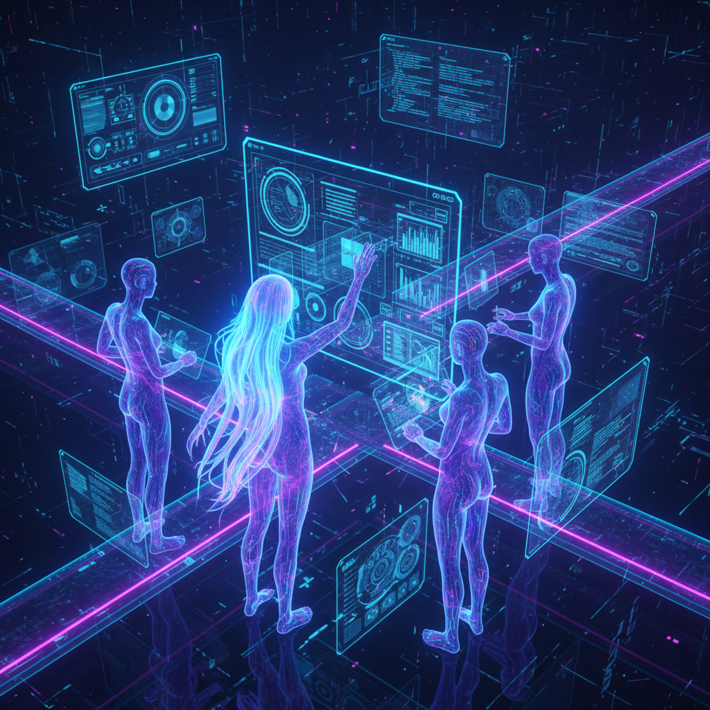 Futuristic collaborative scene: Olena's holographic avatar interacting with other glowing avatars, neon-infused digital workspace, floating interface panels.