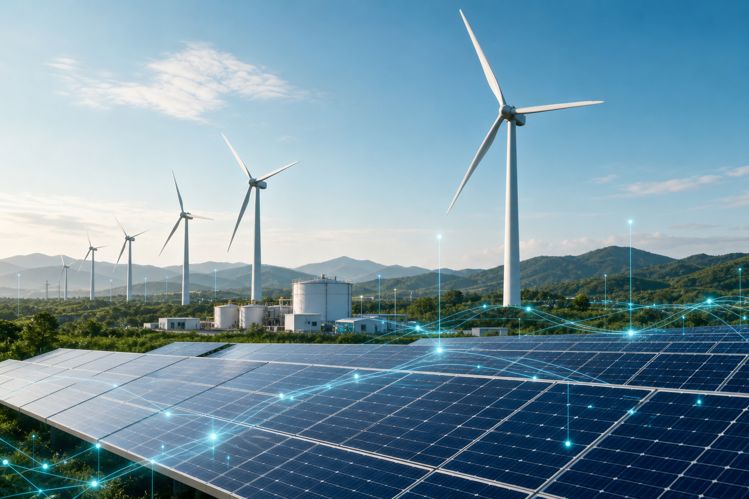 Modern energy-transition scene with wind turbines, solar arrays, and digital grid intelligence lights