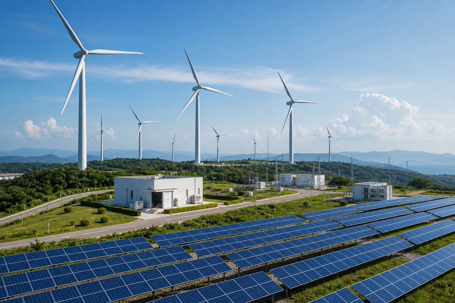 Modern renewable energy infrastructure with solar arrays and wind turbines integrated into a professional utility landscape