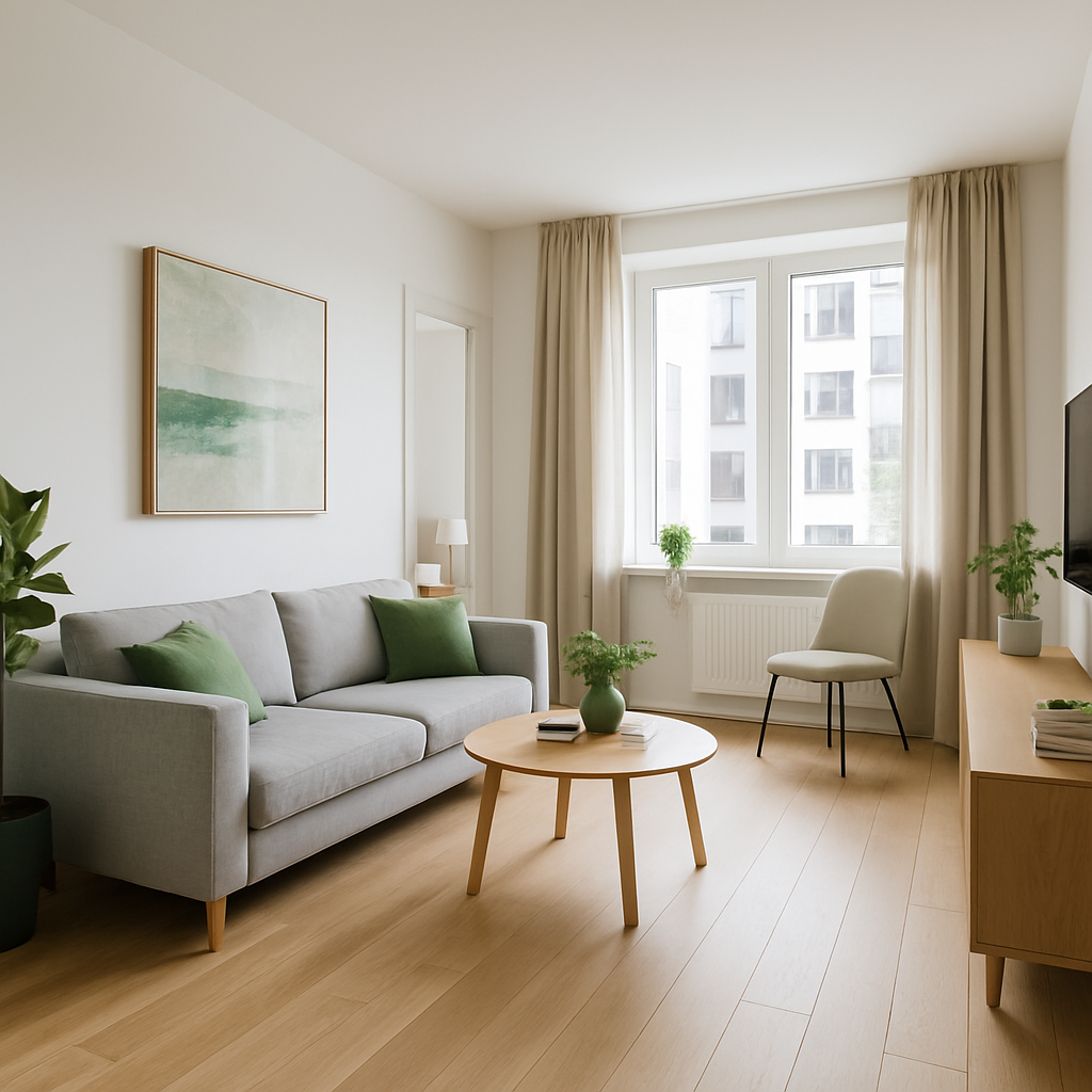 Bright modern two-bedroom apartment with oak floors and a sunlit living room