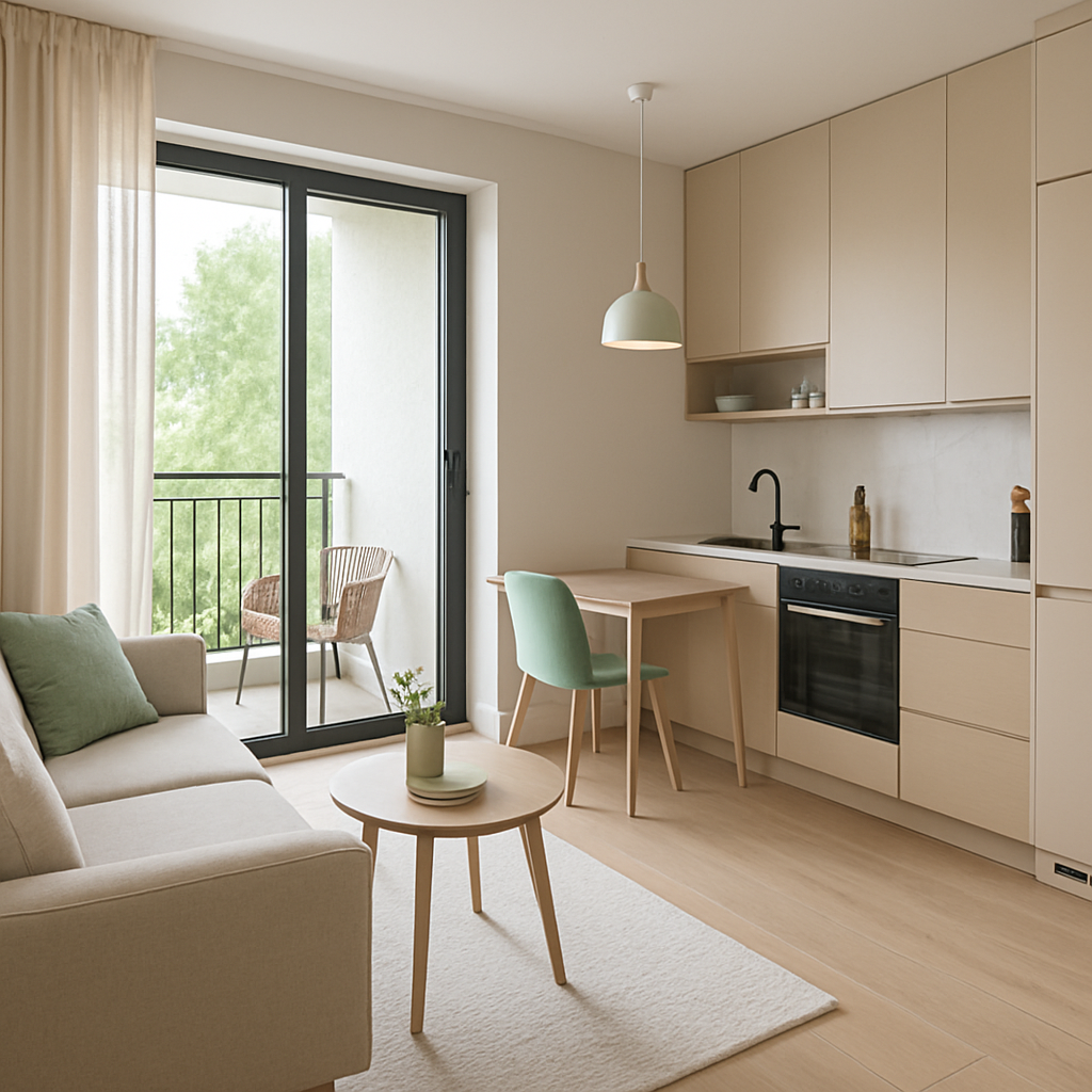 Contemporary studio apartment with pastel accents and compact kitchen
