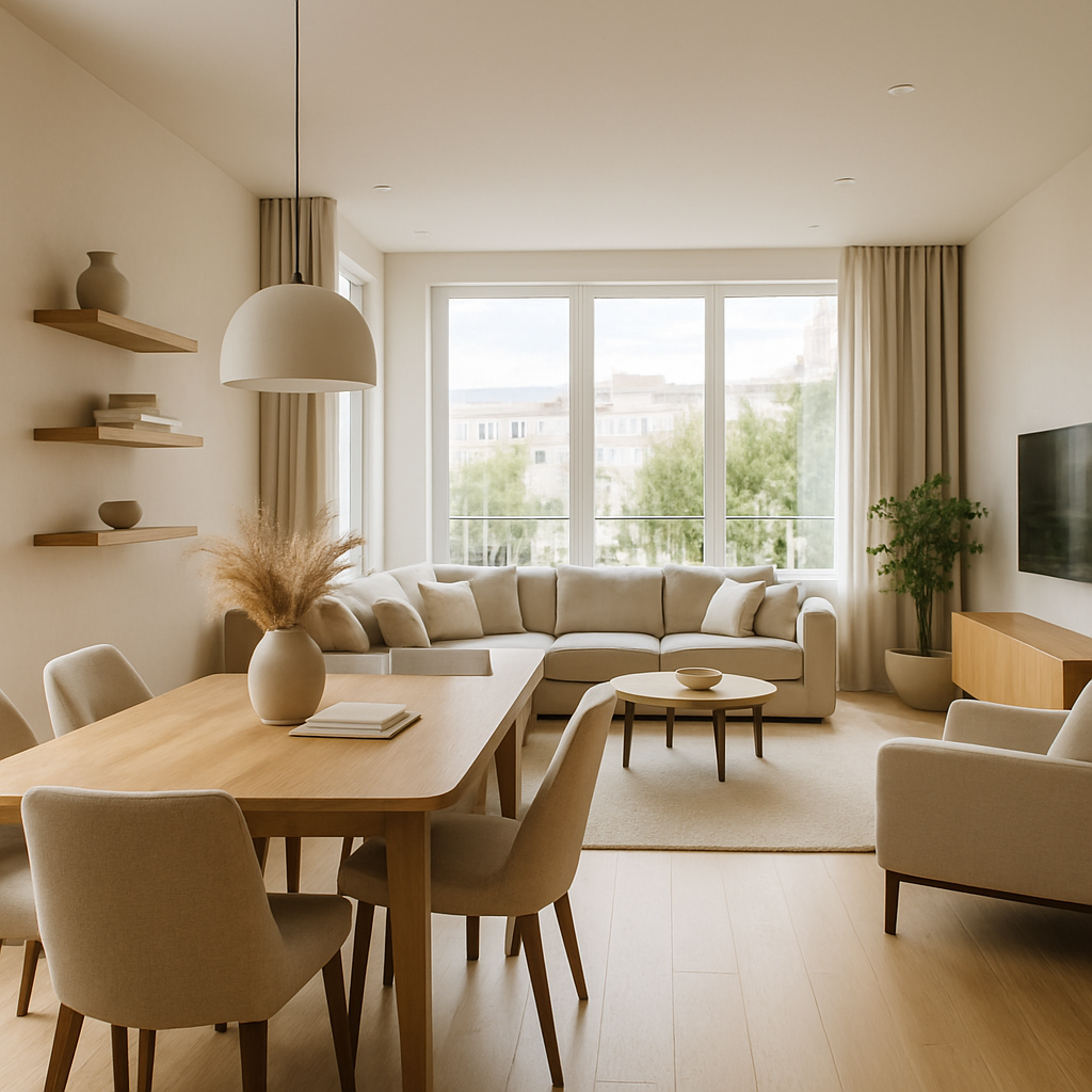 Spacious family apartment with open dining area and large windows